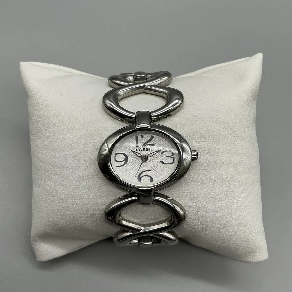 Fossil F2 Womens Watch 29mm White Dial Stainless Band ES-1971 New Battery 6.75